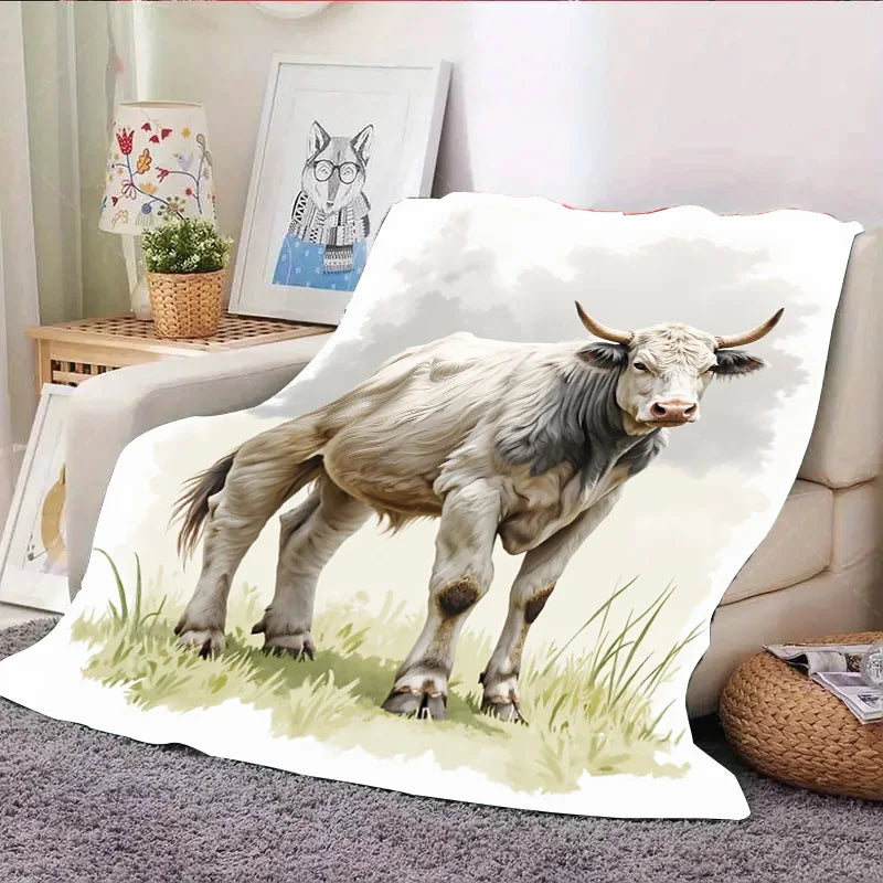 1pc Flannel Blanket Rustic Farmhouse Bull Blanket - Cozy Pastoral Scene Throw for Home Decor