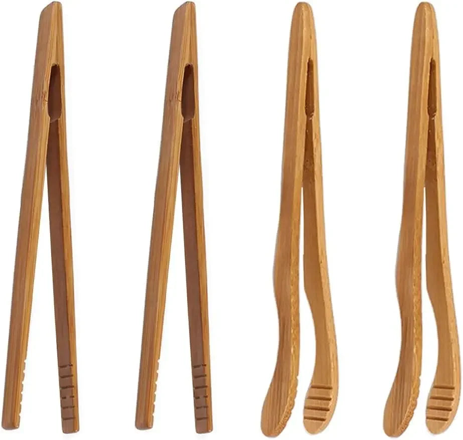 4 pack Bamboo Toaster Tongs - 7” Reusable Wood Cooking Tongs -Ideal Kitchen Utensil For Cheese Bacon Muffin Fruits Bread