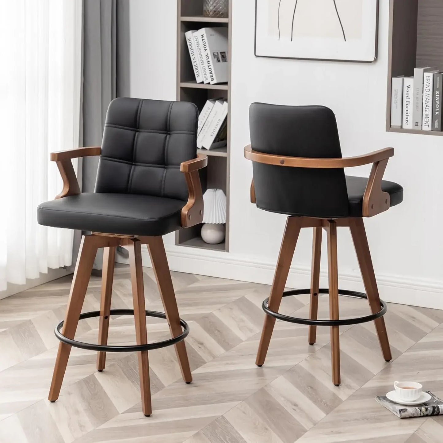 26” Counter Height Bar Stools,Leather Upholstered Bar Chair, Swivel Bar Stools with Back and Arms，Industrial Style Barstool Se