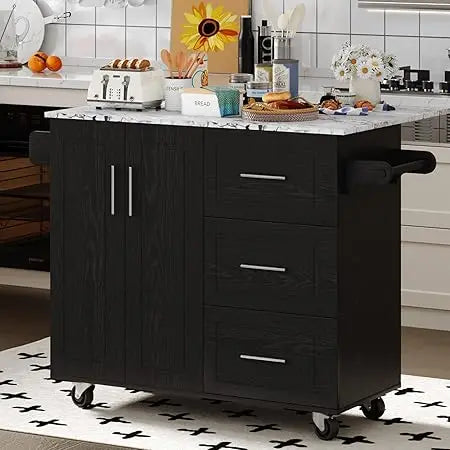 Rolling Island with Storage and Drop Leaf, Marble Tabletop, Kitchen Island on Wheels with Towel Rack & Spice Rack, Portable Isl