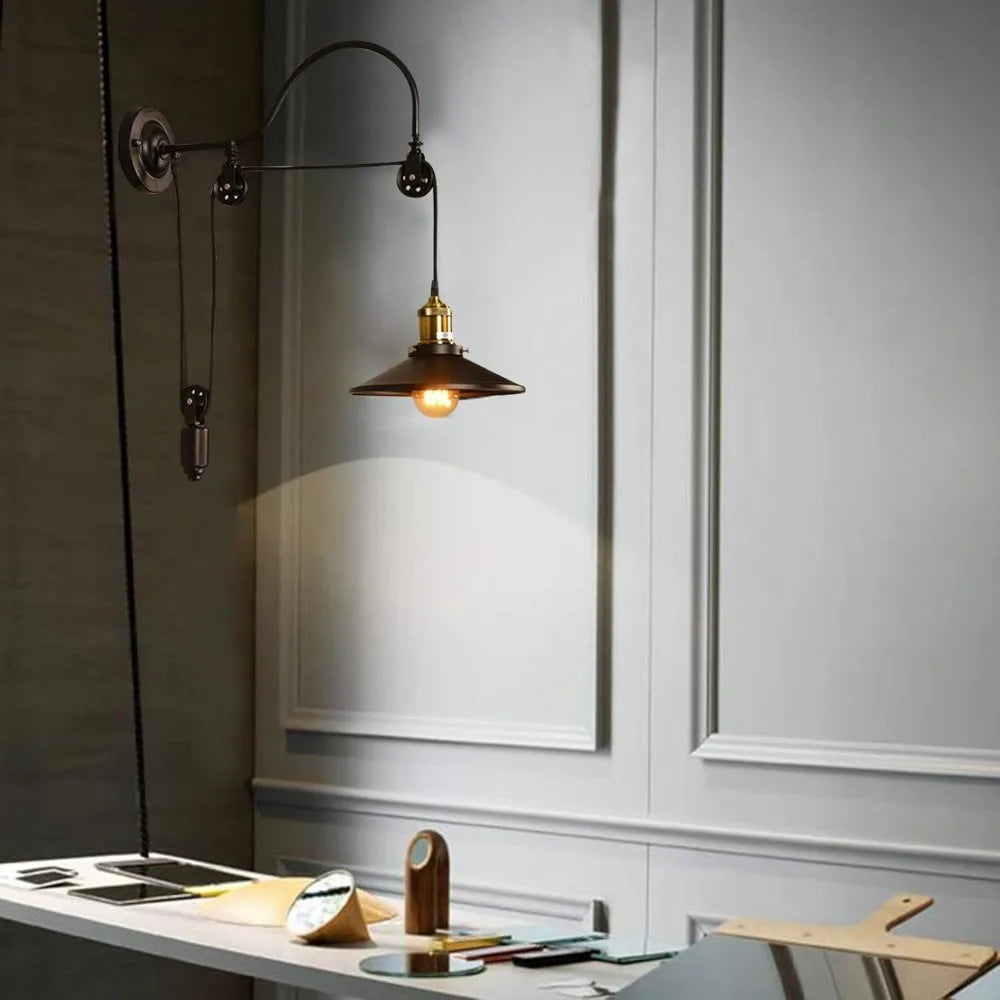 Industrial Wall Sconces Wall Mount Light Fixtures Gooseneck Wall Light Fixture Adjustable Pulley Wheel Wall Mounted Lamp