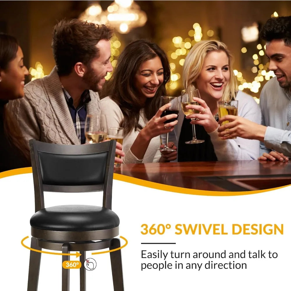 Swivel Bar Stools Set of 2, 34 Inch Extra Tall Bar Height Barstools, Black Faux Leather Bar Stool with High Backrest, Solid Woo