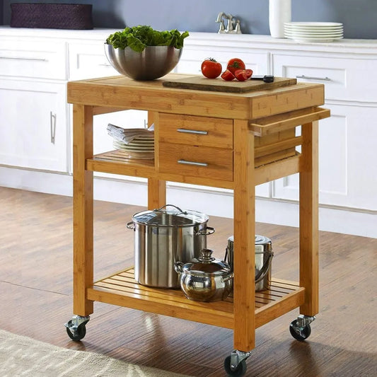 Rolling Kitchen Island Cart with Drawers Shelves, Towel Rack, Locking Casters, Butcher Block Food Prepping Cart Trolley on Whee