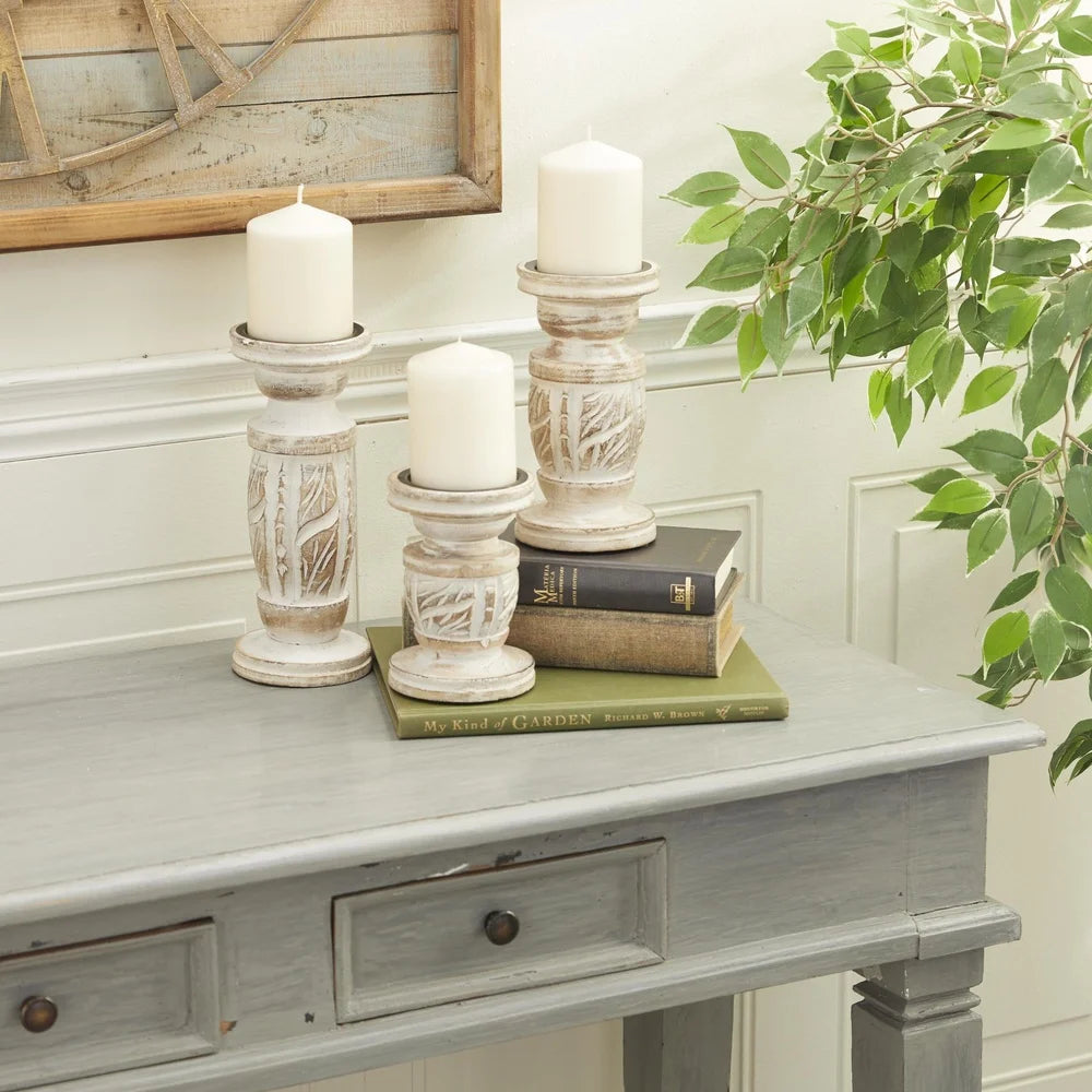 White Wash Wood Candle Holder Set of 3 Rustic Lanterns Centerpiece Home Decor Elegant Tabletop Accent Pillar Holder