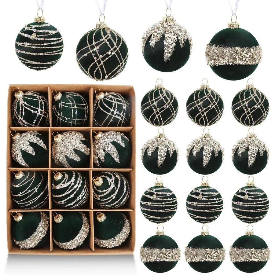 12pcs Velvet Christmas Balls Ornaments Set 2.36 Small Velvet Hanging Ball Green Glitter Christmas Ball Ornaments Flocked Balls