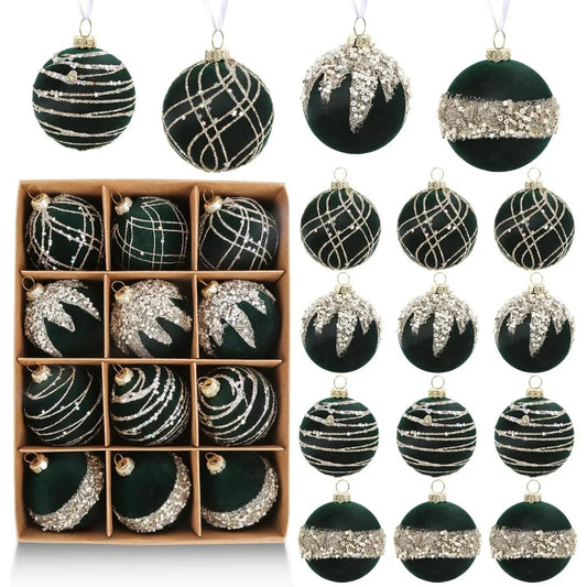 12pcs Velvet Christmas Balls Ornaments Set 2.36 Small Velvet Hanging Ball Green Glitter Christmas Ball Ornaments Flocked Balls