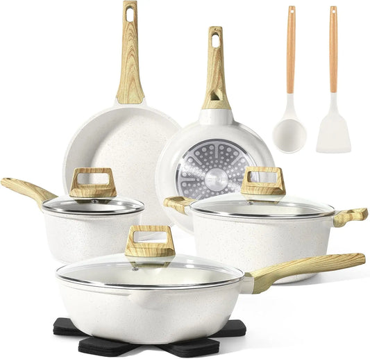 Pots and Pans Set Non Stick - 14 Pcs White Granite Kitchen Cookware Sets Nonstick Induction Cookware Cooking Pan Set ·New