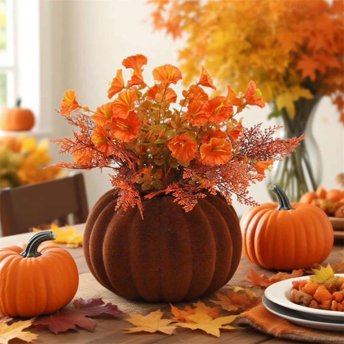 Fall Harvest Artificial Pumpkins with Burlap and Sunflowers for Thanksgiving Table Decorations and Party Centerpieces
