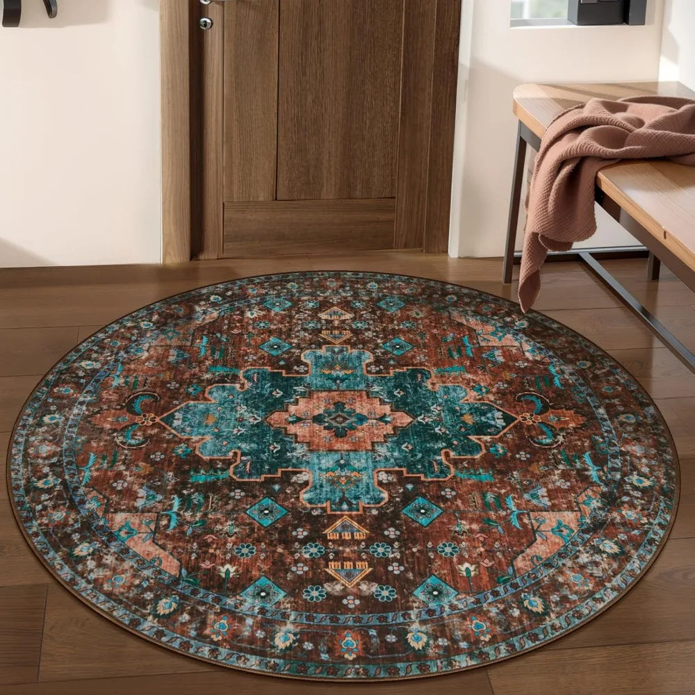 Ciicool Boho Area Rug 4x4ft Round Washable Bedroom Non-Slip Vintage Entryway Throw Low-Pile Indoor Carpet for Living Room Foyer(