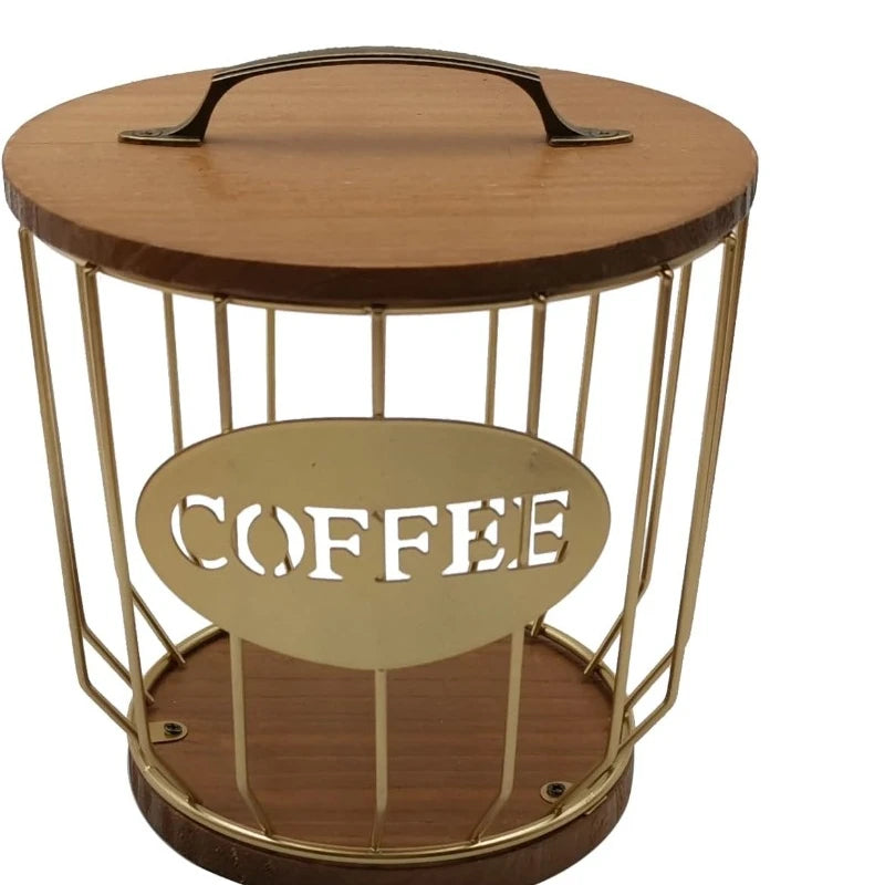 Round Coffee Pods Holder with Wooden Lid and Base Wire Coffee Pods Storage Basket for Home Cafe Bar Countertop Decor(Gold)