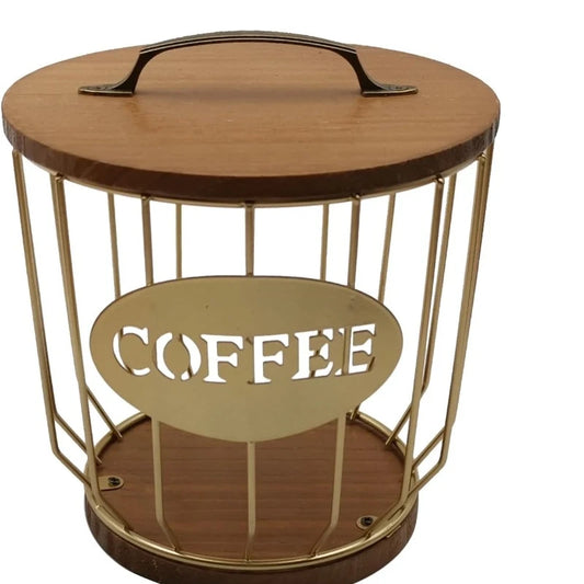 Round Coffee Pods Holder with Wooden Lid and Base Wire Coffee Pods Storage Basket for Home Cafe Bar Countertop Decor(Gold)