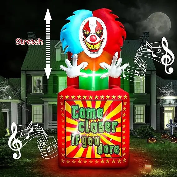 6.6 FT Halloween Inflatables Animated Clown with Music,  Circus Clown Box Outdoor Decorations Blow Up Yard with Built-in LEDs fo