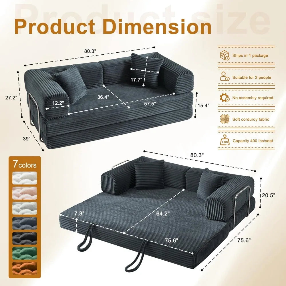 Sofa Bed 4-in-1 Boneless Couch Oversized Corduroy Upholstered Sleeper Sofa with Loveseat Couches for Living Room