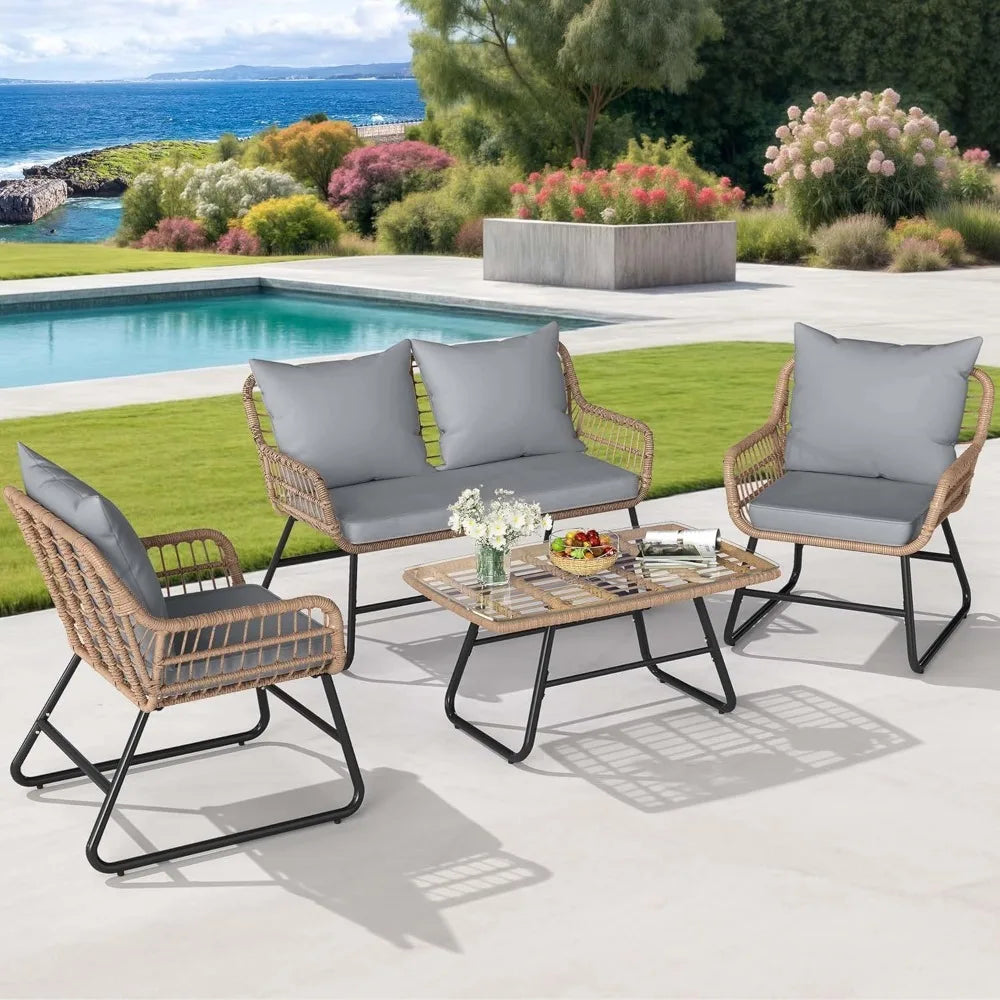 4-piece Patio Furniture Set, Wicker Outdoor Furniture Set With Cushions, Outdoor Table And Chairs For Balcony, Backyard, Deck,