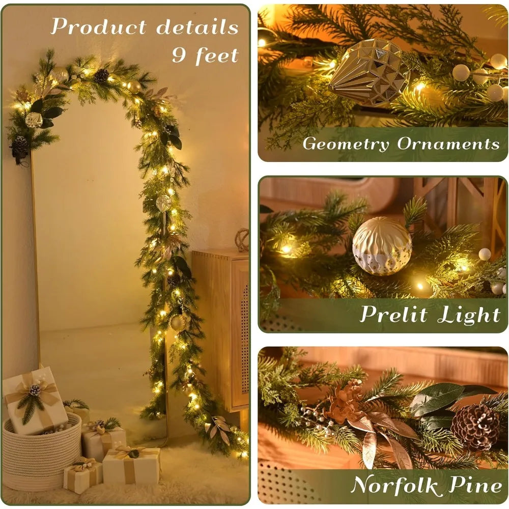 9 Feet Long Pre-lit Artificial Greenery Christmas Garland with Pinecone and Gold Accents, Festive Holiday Decorations