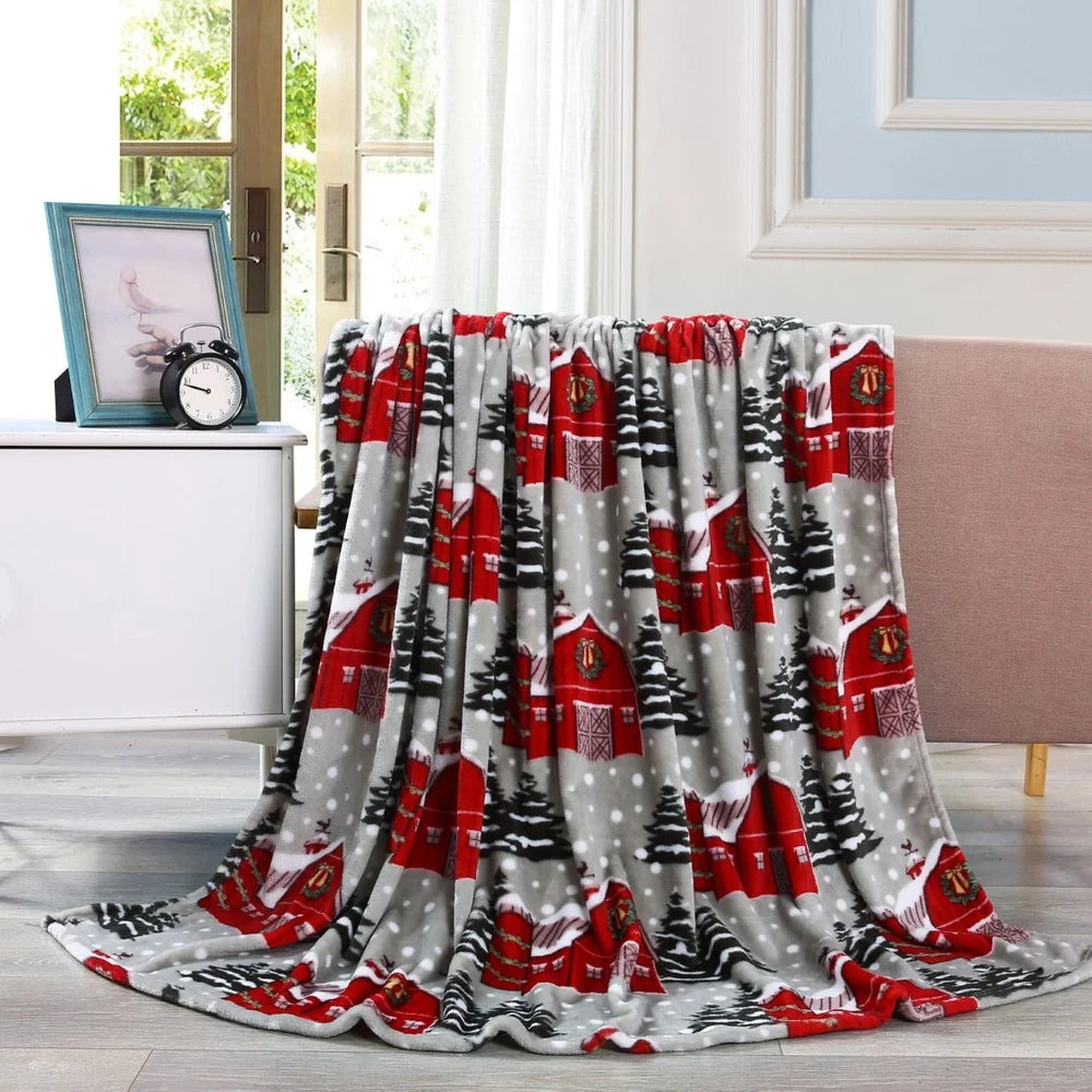 Holiday Printed Fleece Throw Blanket Soft Microfiber Snow Barn Hypoallergenic Easy Care Machine Washable Gift Idea Cuddle Warm