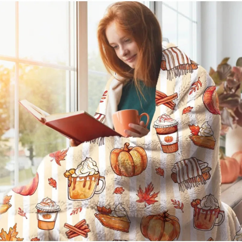 Autumn Pumpkin Dessert Coffee Scarf Flannel Throw Blanket, Autumn Thanksgiving Birthday Gift, Suitable for Bedding Sofa