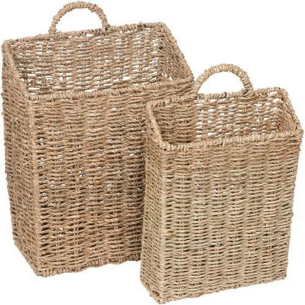 Set of 2 Wall Mounted Woven Seagrass Baskets Storage Organizing Magazines Newspapers Home Decor Small Spaces