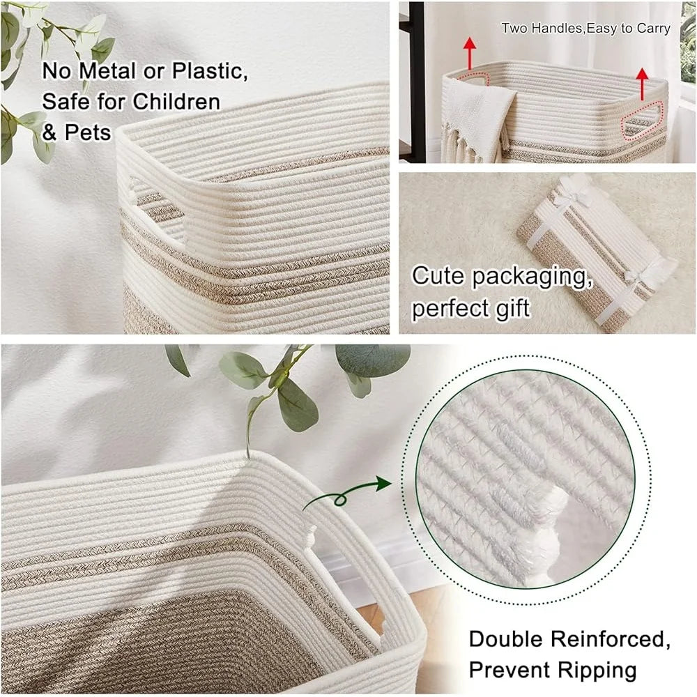 Laundry Hamper Cotton Storage Basket Collapsible Large Basket with Handles Portable Decorative Blanket Toy Organizer Living Room