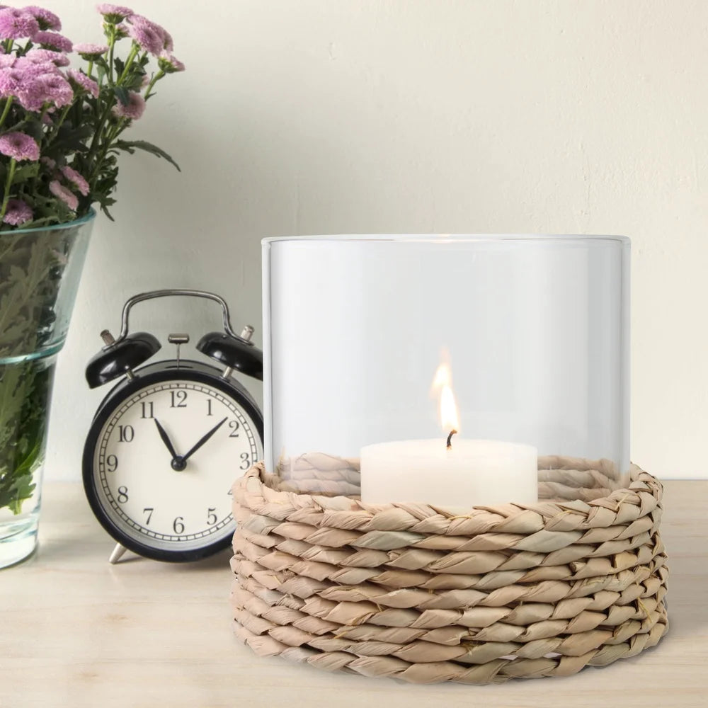 2 Pack Decorative Hurricane Candle Holder Woven Hyacinth Reed Pillar Style Home Decor Accent Gift