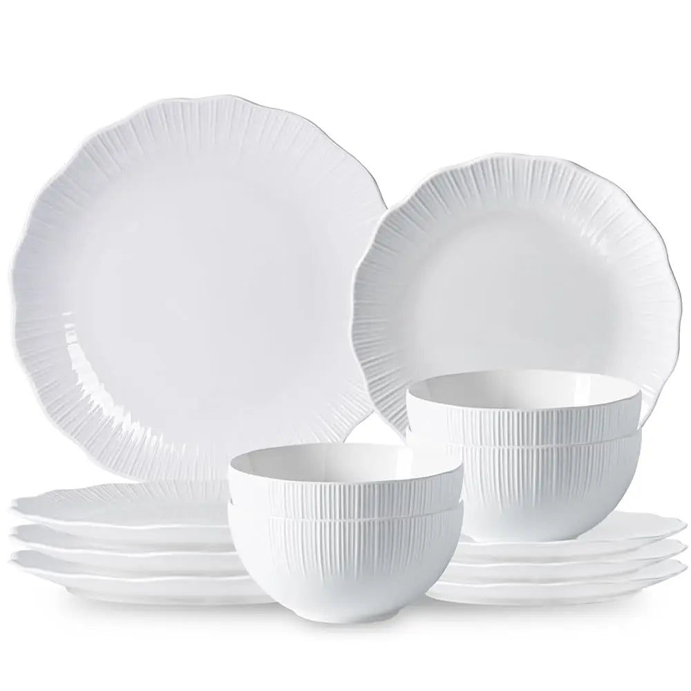 Porcelain Dinnerware Sets For 4, 12 Piece Plates And Bowls Set, Scratch-Resistant, Microwave & Dishwasher Safe Dishes, Kitchen