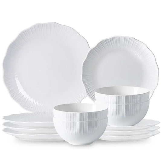 Porcelain Dinnerware Sets For 4, 12 Piece Plates And Bowls Set, Scratch-Resistant, Microwave & Dishwasher Safe Dishes, Kitchen