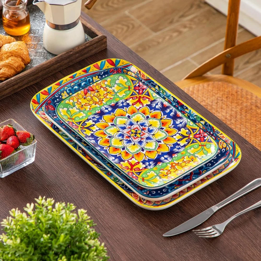 Rectangular Serving Platters Set, 3-Piece, Sizes 16", 14", 12" - Large Bohemian Ceramic Dishes