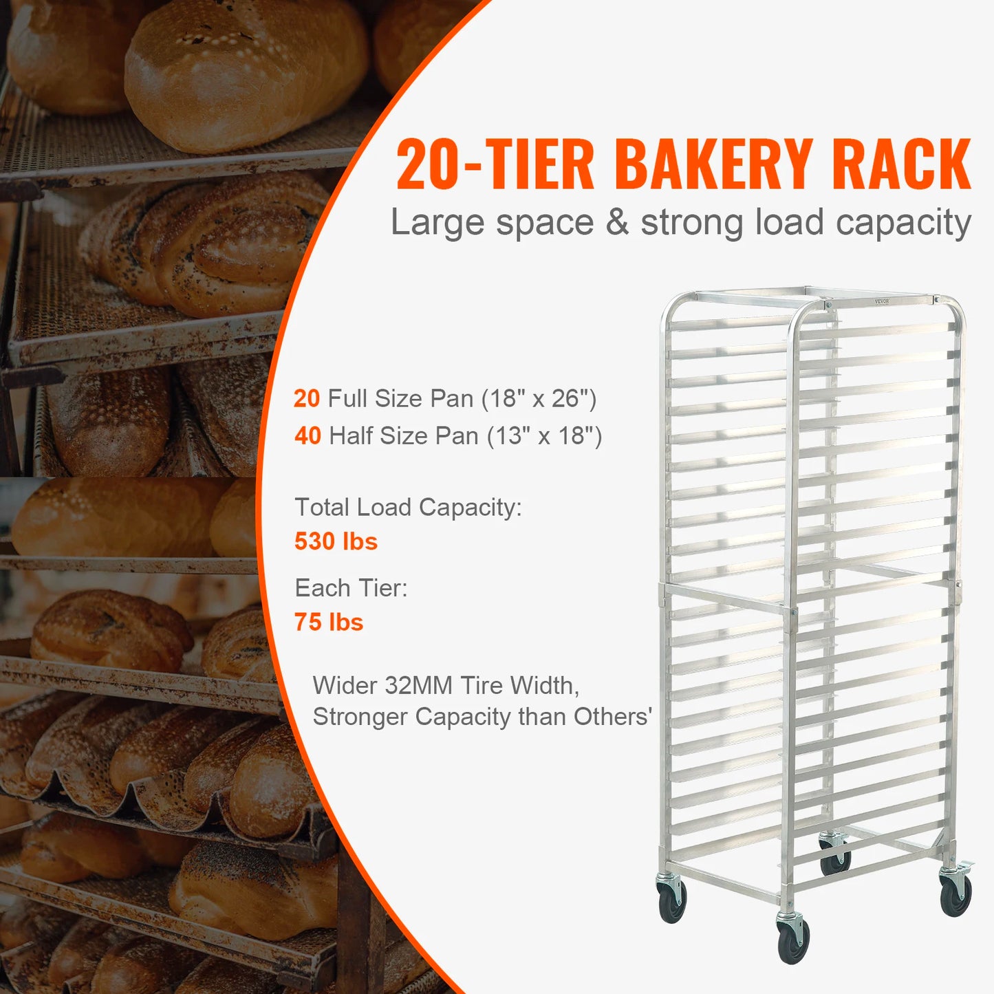 SucceBuy 10/20 Sheet Bun Pan Rack Commercial Bakery Racks with Brake Wheels Aluminum Racking Trolley Storage for Bread Baking