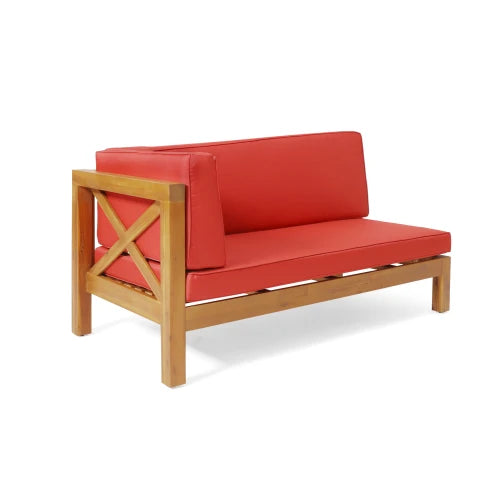 Left rear bench, red seat cushion, Acacia wood frame, cross backrest design