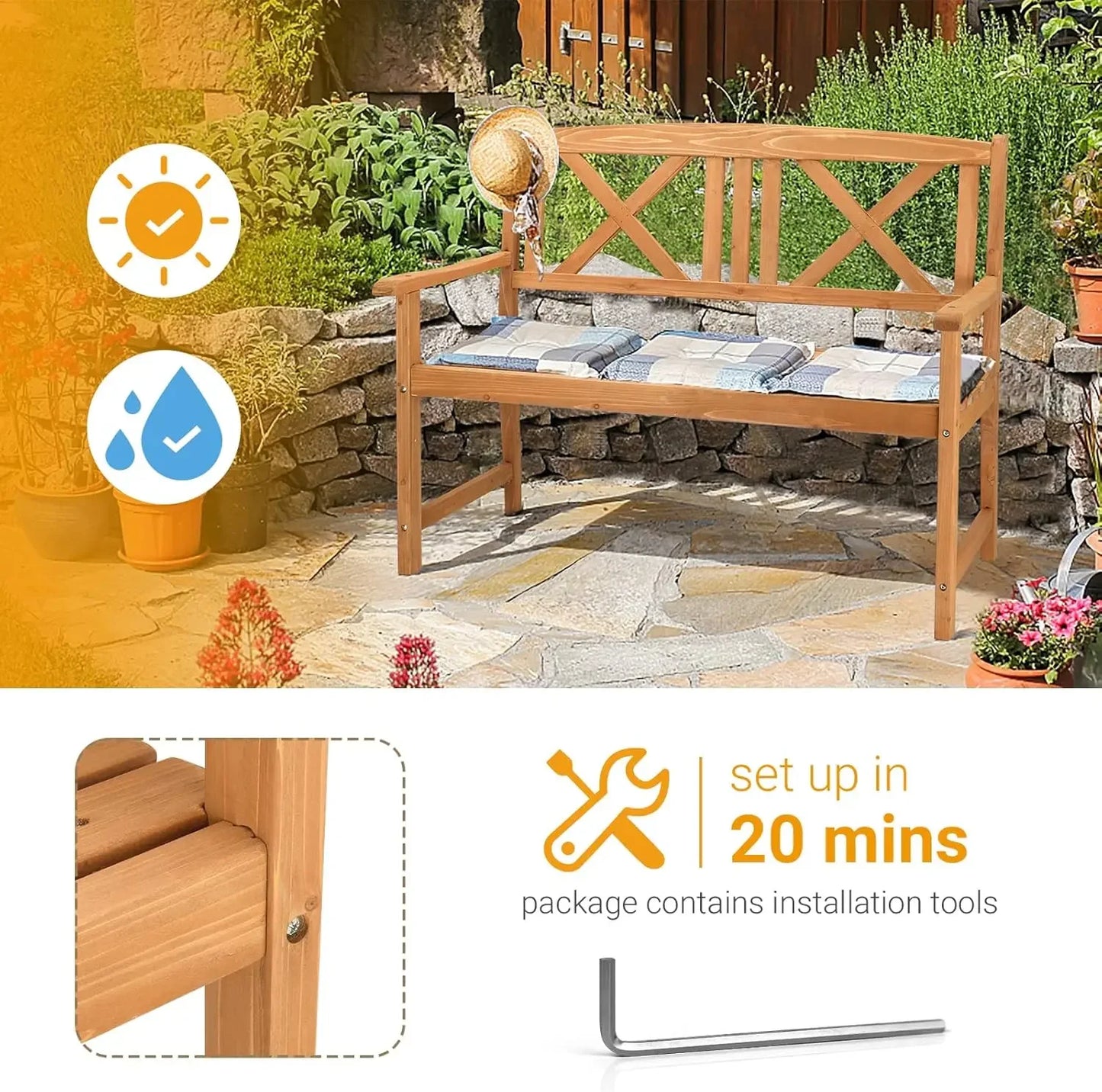 Wooden Garden Bench, Outdoor Wood Patio Bench, Rustic 2-Person Loveseat Chair W/Armrest For Porch Poolside Park Backyard