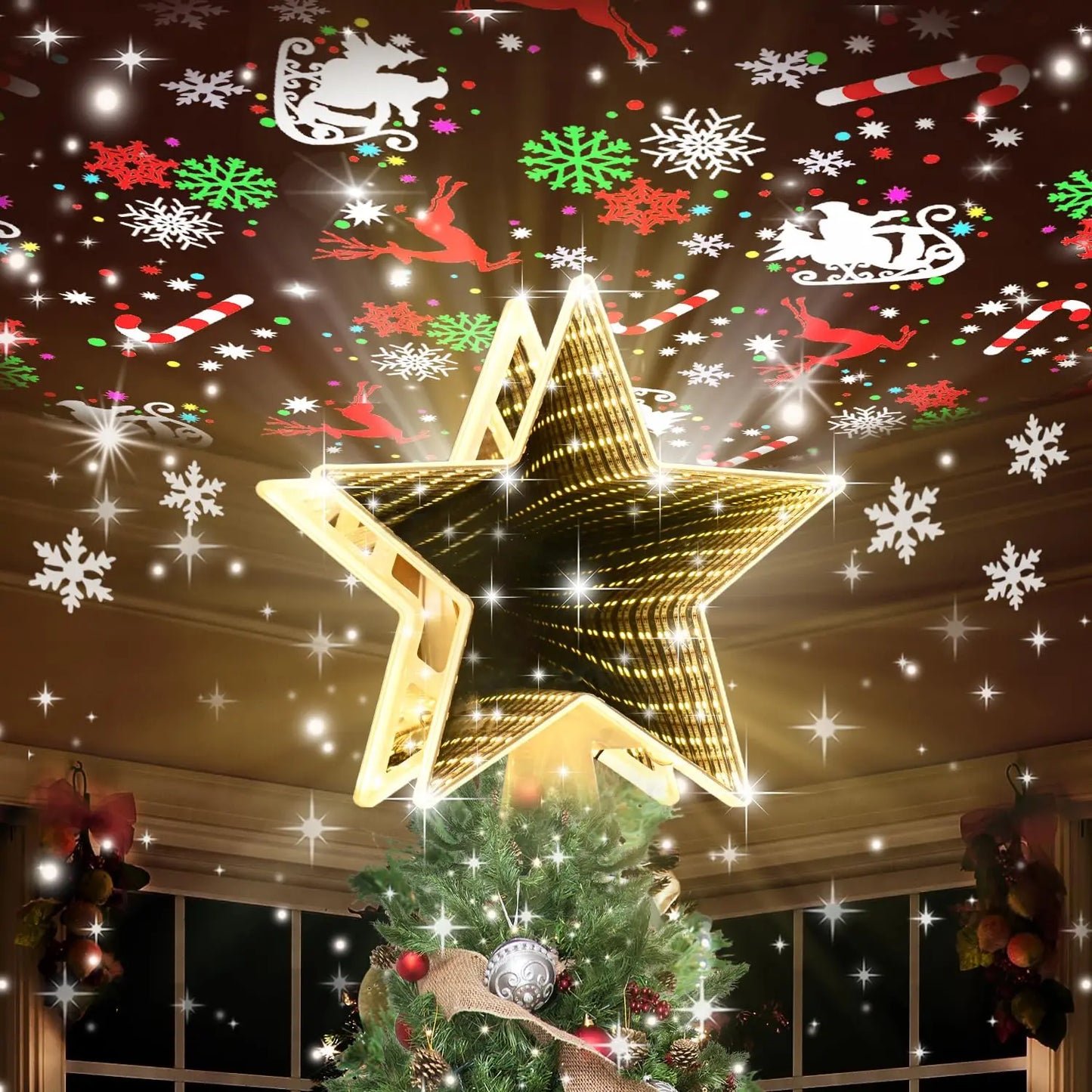 RGB Christmas Tree Topper Star with Projector, 4-in-1 Dynamic Lighting , Tool-Free Installation Xmas Decor for Home Party New Ye