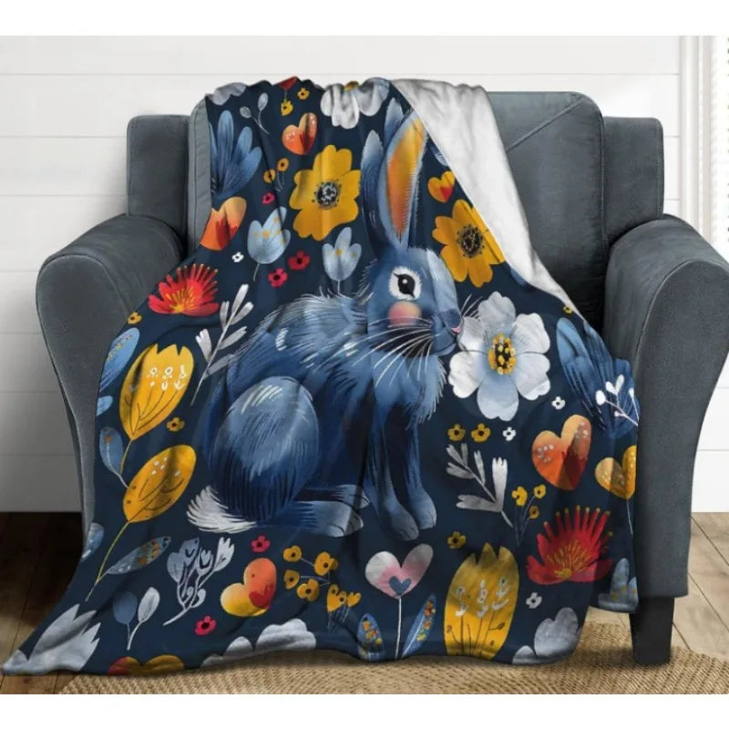 Easter Bunny and Wildflowers Spring Flannel Blanket, Rabbit Floral Colorful Soft Warm Flannel Blanket for Sofa Bed Sofa