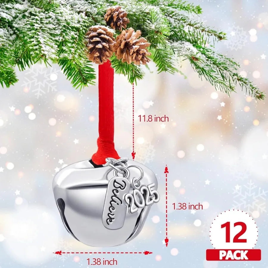 2025 Believe Christmas Bells 12 Pieces Santa Claus Sleigh Bells for Christmas Eve Decorations Silver 1.4inch/35mm Festive Tree
