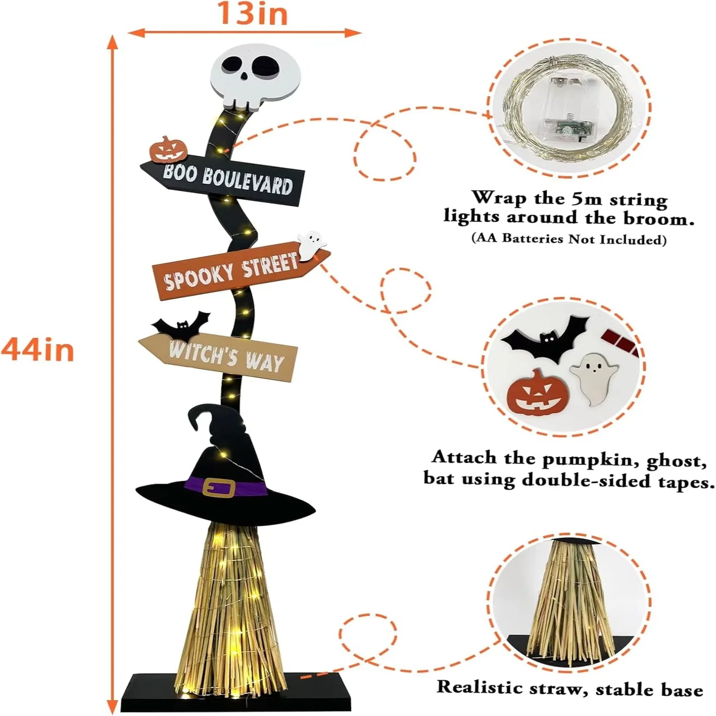 Lighted Halloween Wooden Witch Broom for Indoor Outdoor Porch Yard Decor Spooky Light up Halloween Witch Decorations Sign