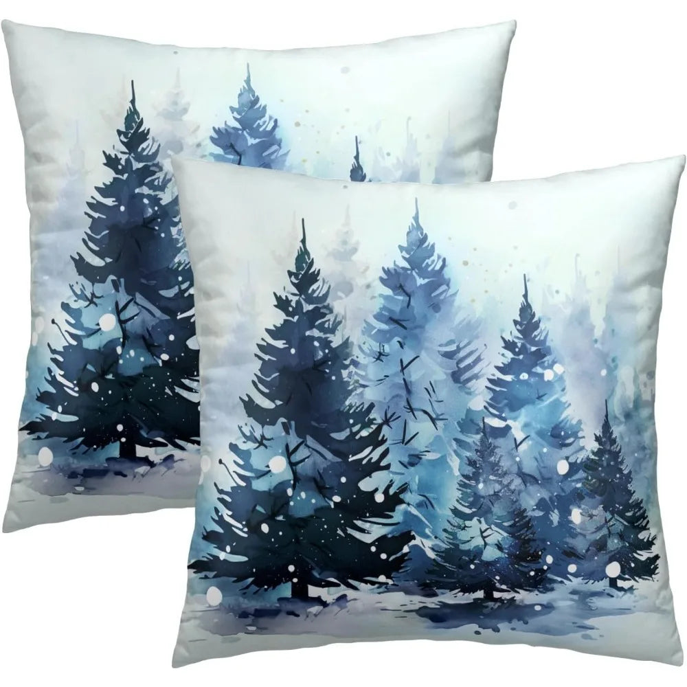 Christmas Throw Pillow Covers 18x18 Set of 2, Rustic Winter Blue Trees Snows Pine Forest Farmhouse Decorative Pillow Cases Cotto