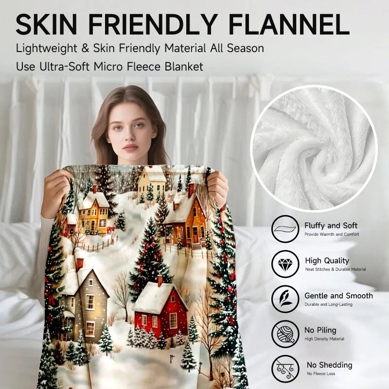 1 piece Christmas village-themed flannel blanket, perfect for sofa, bed, office. Ideal gift for family, friends, and holidays.