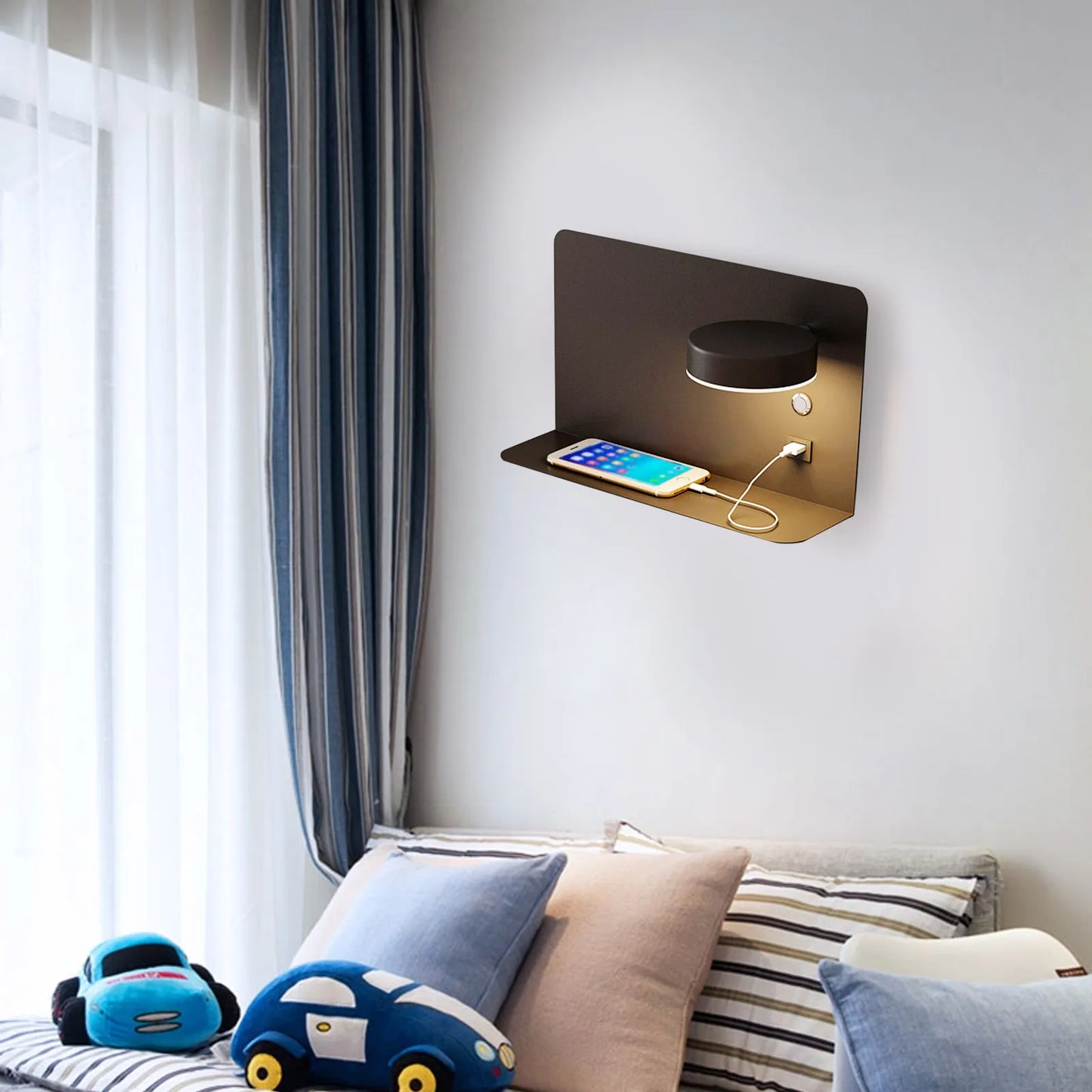 Rotatable LED Wall Lamp USB Jack Wall Light with Three Adjustable Colors for Living Room Bedroom Office