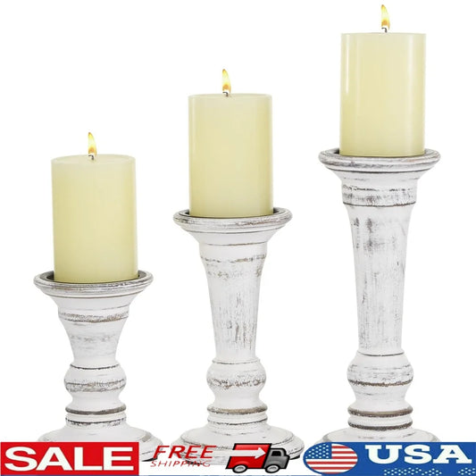Set of 3 White Wood Candle Holders Tapered Design Rustic Decor Centerpiece Indoor Use Home Accents Solid Mango Wood