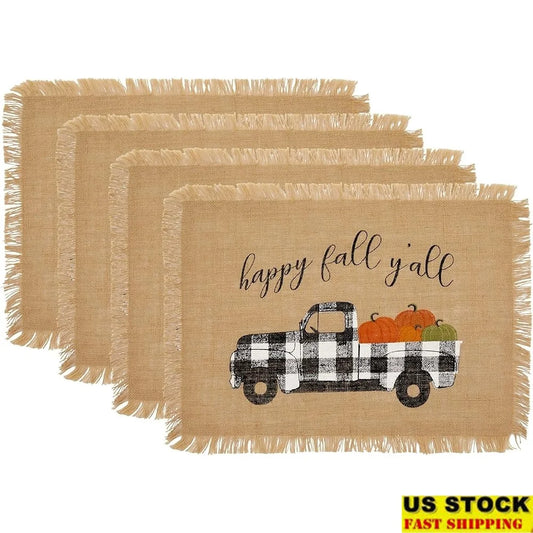 Rustic Burlap Placemats Set of 4 Autumn Farmhouse Decor Buffalo-Plaid Truck Pumpkins Thanksgiving Table Accessories