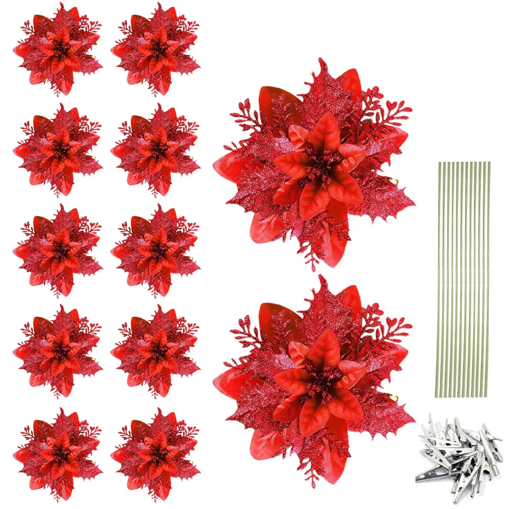 12/24/36Pcs Christmas Glitter Artificial Flowers Decorative Xmas Tree Poinsettia Flower Hanging Ornament for Stairs Window Decor