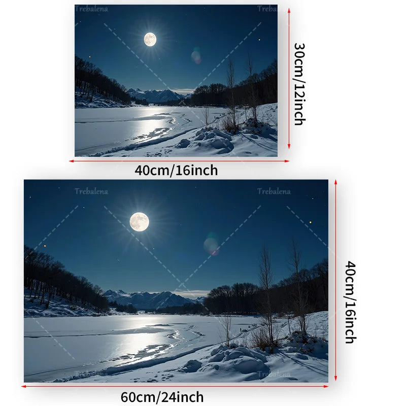1pc Wall Tapestry "Starry Night Snowscape Tapestry - Full Moon Over Winter Lake"