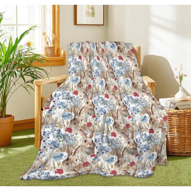 Easter bunny blue flower blanket, soft,comfortable,warm and lightweight blanket, suitable for all seasons spring home decoration