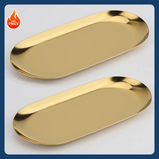 [Hot Deal!]Stainless Steel Decorative Tray, Set of 2, 9 Inch Long, Jewelry Dish Cosmetics Organizer Bathroom Clutter Serving Pla