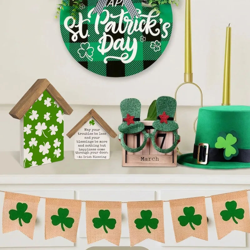 St Patricks Day Decorations for Home, Set of 2 Wooden Shamrocks Irish Blessing Sign, Indoor Saint Patricks March Table Shelf