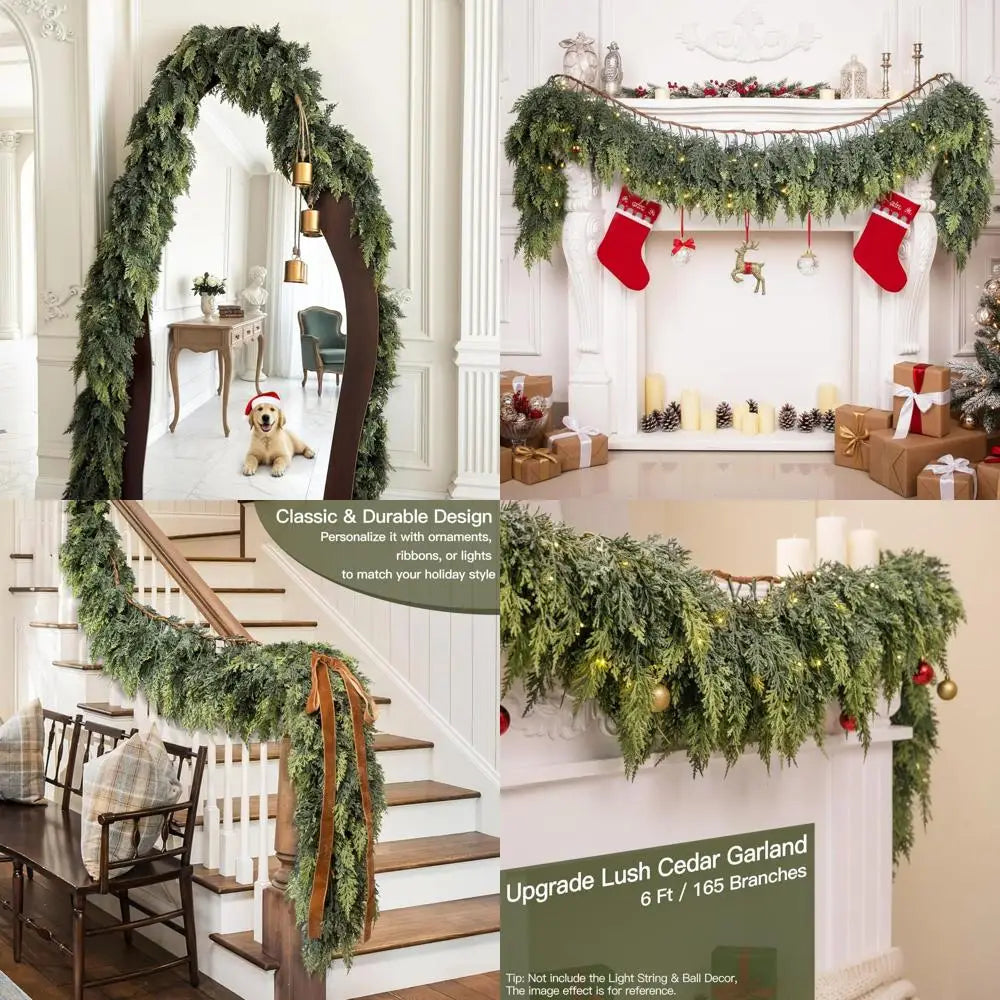 Thick and Soft Real-Touch Faux Cedar Pine Garland for Christmas, Ideal for Mantle, Fireplace, Porch, Outdoor Decorations
