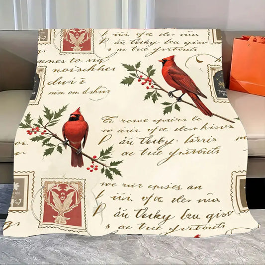 1pc Flannel Blanket Vintage Cardinal Birds and Holly Christmas Blanket for Cozy Home Decor