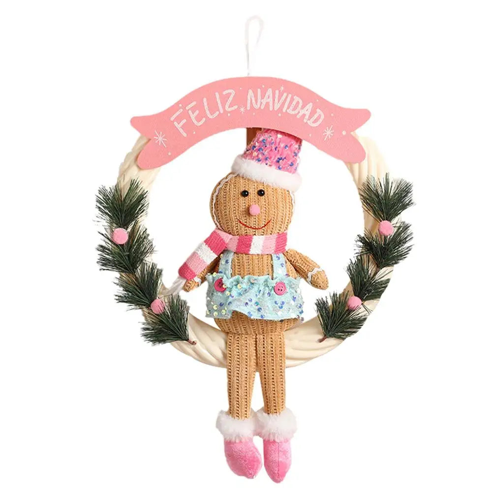 Christmas Gingerbread Man Doll Wreath Lighted Christmas Hangable Ornaments Gingerbread Welcome Garlands for Decorative Door