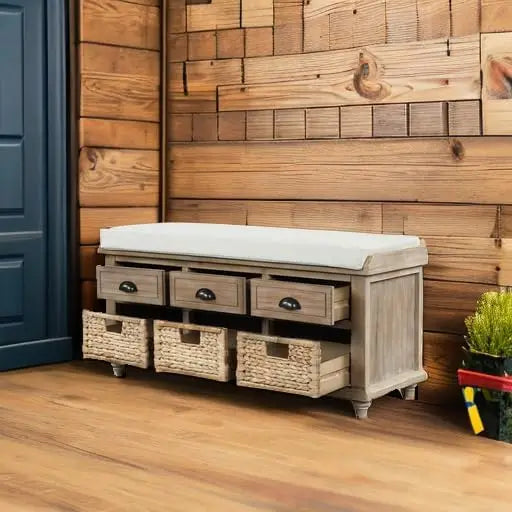 Wood Storage Bench with 3 Drawers, 3 Rattan Baskets, Rattan Entryway Bench with Removable Cushion Home (White Washed)