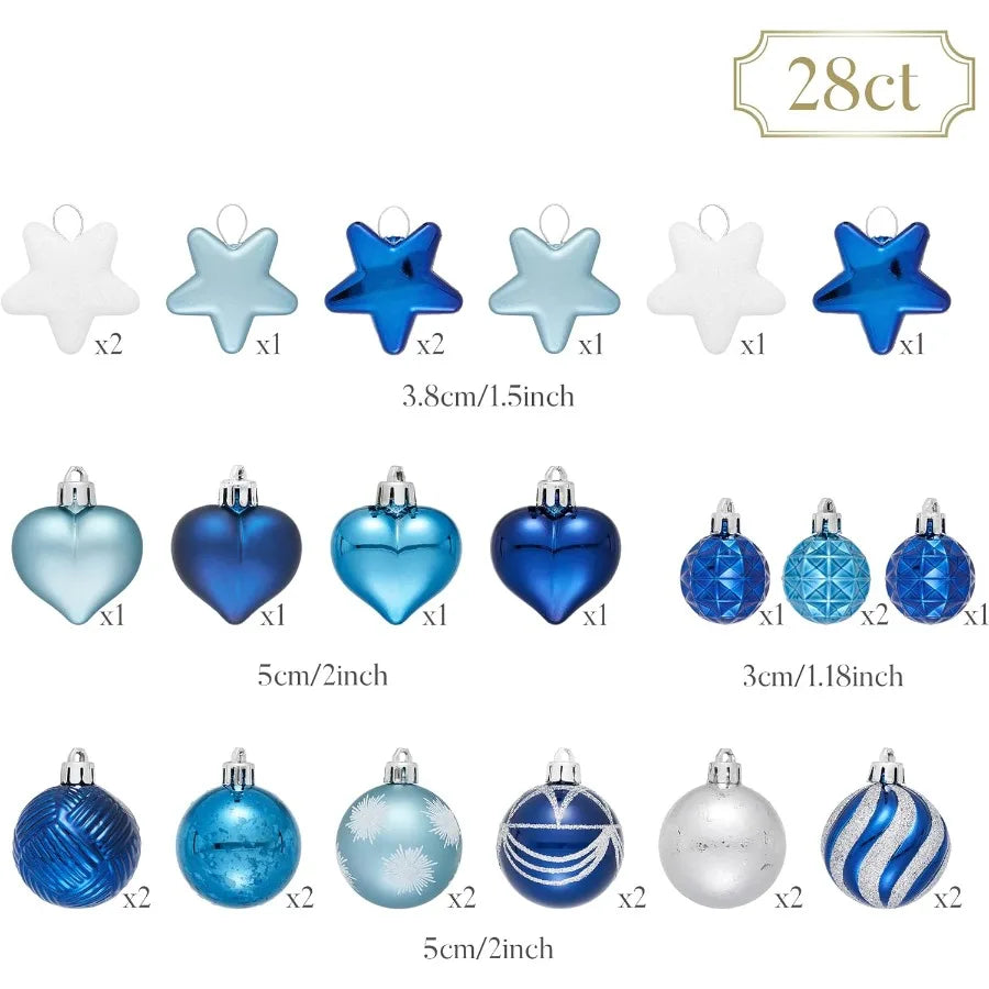 28Pcs Christmas Heart Shaped Ornaments Gift Pack in Navy Blue Silver Craft Painted Tree Heart Decorations for Indoor Holiday Pa