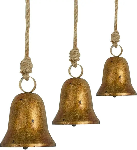 3 Pcs Handmade Rustic Christmas Bells, Vintage Iron Bells with Jute Rope for Hanging, 3 Sizes Antique Lucky Bells for Christmas
